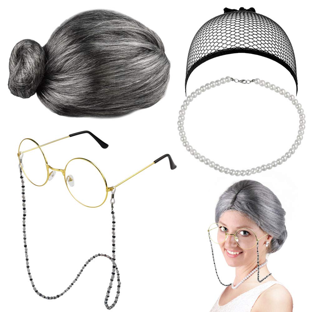 EMAGEREN 5 Pieces Old Lady Granny Wigs Silver Grandmother Wig Granny Wig Costume Old Lady Fancy Dress Cosplay Set Wigs Cap/Madea Grand Mother Glasses/Eyeglass Chains/Pearl Beads Necklaces for Dress Up