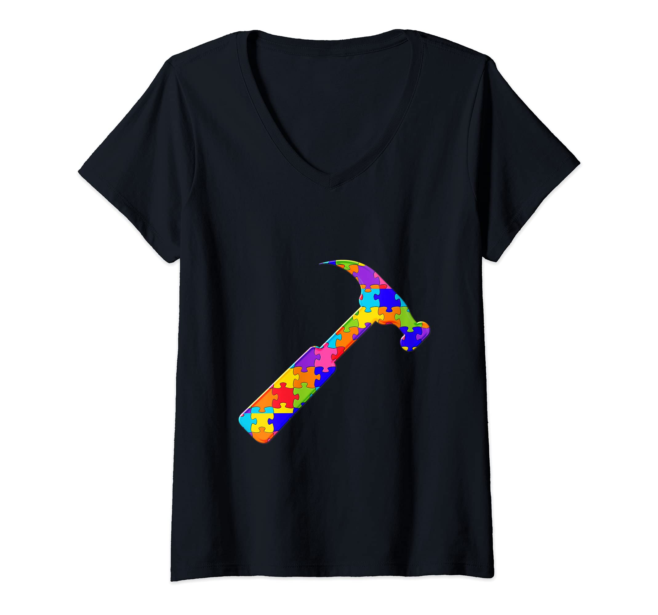Womens Carpenter Hammer Jigsaw Autism Puzzle V-Neck T-Shirt