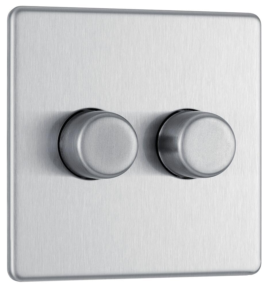 BG Electrical Intelligent Double Wall Dimmer Switch, 2 Way, Screwless Front Plate, Premium Flatplate, Brushed Steel, 200W, FBS82
