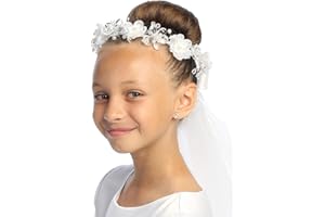 Swea Pea & Lili 24" White Veil w/Organza & Crystal Flowers w/Satin Bows At The Back,Medium