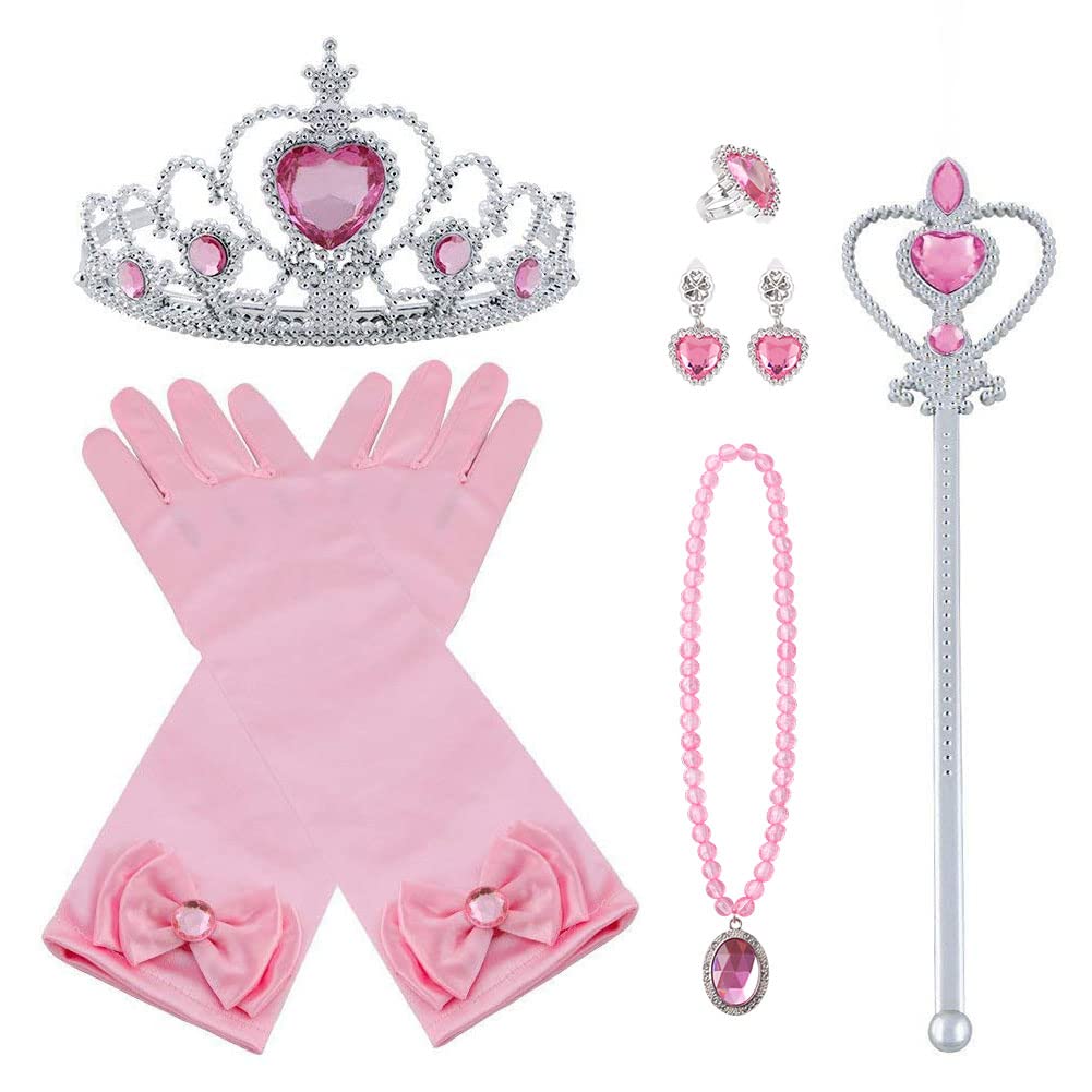 Vicloon Elsa Dress Up Accessories Set of 9, Elsa Gloves, Princess Crown, Ring, Earring, Magic Wand and Necklace (Pink)