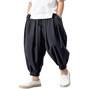 Boys Cotton Linen Pants Pull On Uniform Pants Baggy Joggers Casual Beach Hippie Yoga Harem Japanese Trousers with Pockets