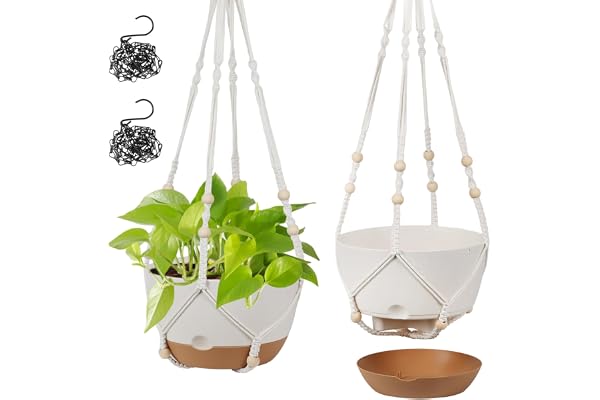 Self Watering Hanging Planters with Macrame Plant Hanger, 2PCS 10 Inches Hanging Flower Basket Holders with Pot, Chain, S & C