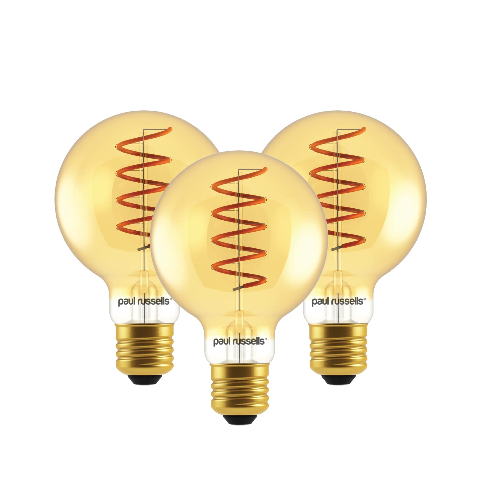 paul russells LED Spiral Filament Edison Screw Light E27 Globe G80, Vintage Industrial Bulbs - Pack of 3 – 25W Equivalent Replacement 4W 250LM Lumens 1800K ES Non-Dimmable Lamps - Retro Amber Glass