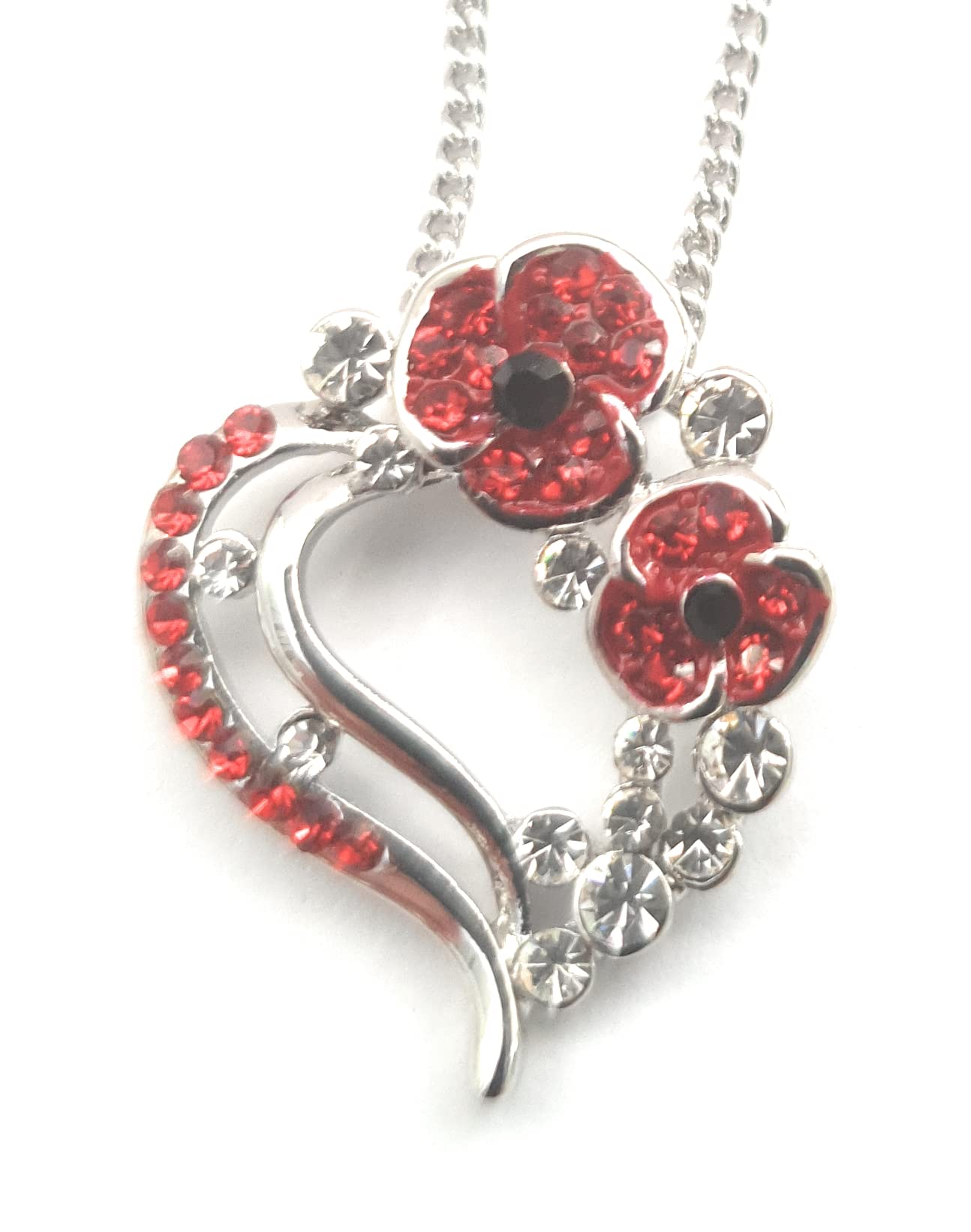 equilibrium Poppy Heart Diamante Necklace Pendant, Silver / Red
