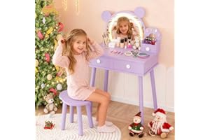 Joankaren Kids Vanity Set with Lights, Bear-Shaped Makeup Vanity Desk with Mirror & Stool, Wooden Princess Toddler Makeup Tab