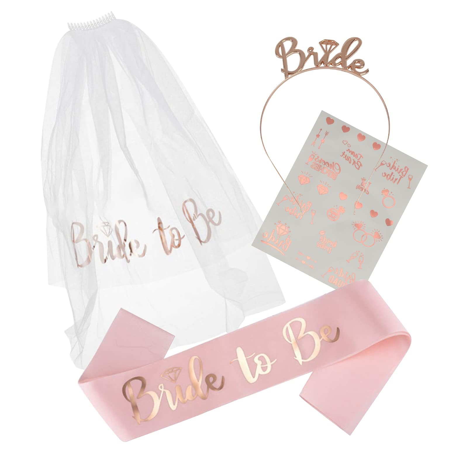 AIBAOBAO Bride to Be Sash, Hen Party Accessories Set - Headband Tiara, Veil With Comb, Tattoos - Gifts and Decorations for Wedding, Bridal Shower, Bachelorette Party — image 1