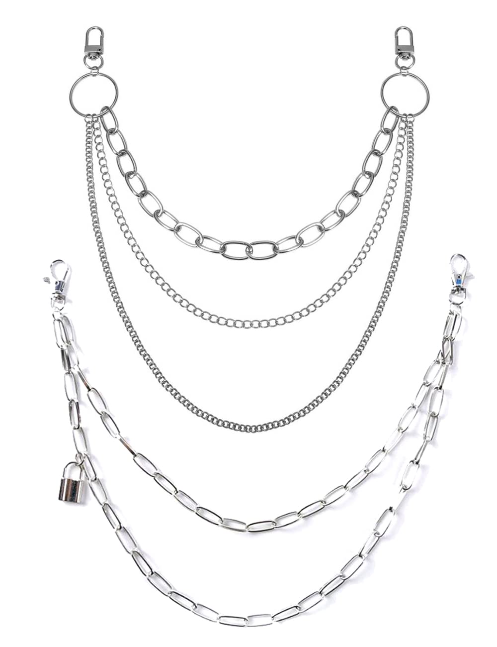 Liitata 2 Pcs Hip Hop Pants Chain Fashion Multilayer Jeans Chains Punk Rock Waist Chain with Lock for Women Men Girl Boy Silver