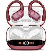 Qecnato Wireless Earbuds Bluetooth 5.4 Headphones 75H Stereo Deep Bass Sports Over Ear Buds with Earhooks, LED Display Bluetooth Earbuds with 4 ENC Mic, IP7 Waterproof Earphone for Running, Red