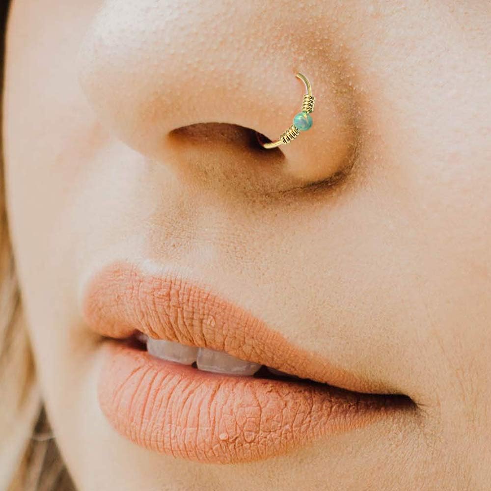 AZARIO LONDON 9K Solid Yellow Gold Light Green Opal Stone with Double Spring Coil 22 Gauge Hoop Nose Ring Tragus Helix Piercing - Image 5