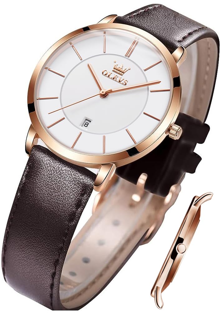 OLEVS Ladies Quartz Watch Minimalist Casual Ultra-Thin Design & Leather Strap & Waterproof & Date Elegant Watch