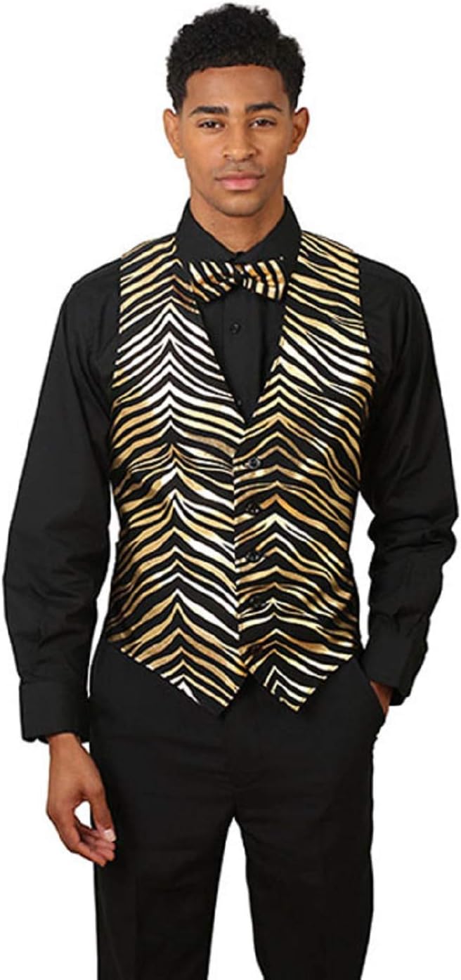 SixStarUniforms Men's Formal Designer Business Suit Zebra Print Vest and Bonus Matching Bow Tie (8 Color Variations)