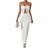 GORGLITTER Women's Two Piece Skirt Sets Outfits Lace Strapless Bandeau Tube Top and Summer Bodycon Long Maxi Skirt Set