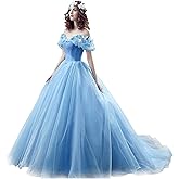 2024 Blue Ball Gown Prom Dress New Movie Princess Cinderella Cosplay Dress Off The Shoulder Organza Long Prom Gown Prom Dress