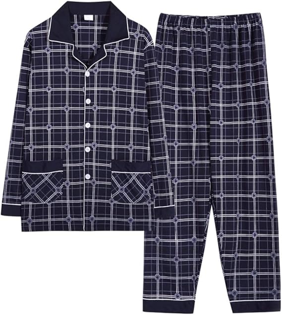 Amazon Co Jp メンズ パジャマ ルームウエア 前開き ラペル 長袖 長ズボン 上下セット カジュアル 部屋着 寝巻き 男性用 紳士 春秋 綿 柔らかい 快適 大きいサイズ 秋冬 チェック ネイビー シンプル おしゃれ 服 ファッション小物