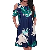 Tanst Sky Women Cold Shoulder Dress Floral Printed Short Sleeve Sundress with Pocket