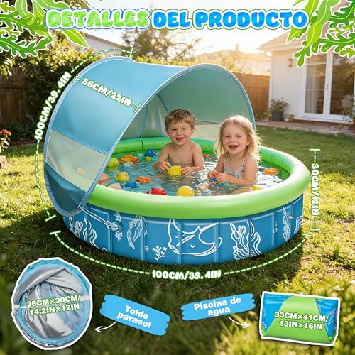 colmanda Piscina para Bebé 4-en-1 Pop Up, 100x30 cm Piscina de Bolas Bebe con Chorros de Agua, Tienda de Playa Bebé con Techo y Mosquitera, Protección UV SPF50+, Portátil para Jardín