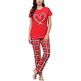 EISHOPEER Women's Cotton Pajama Set Cute Printed Short Sleeve Top & Long Pants Sleepwear Pjs Sets