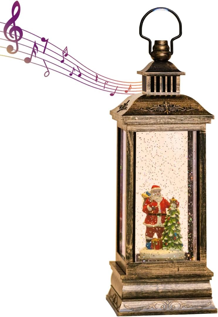 Snow Globes - GOOSH Christmas Snow Globe Lantern with LED Water Glitter Swirling Santa Claus with Tree Xmas Musical Lantern Decoration with Projector Light and 6H Timer for Christmas Home Décor and Gifts