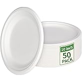 Aricsen 50 Pack 10 Inch Compostable Disposable Round Paper Plates, Natural White Biodegradable Sugarcane Bagasse PFAS-Free Eco-Friendly Dinner Plates for Party Wedding Picnic BBQ (50, 10 INCH)