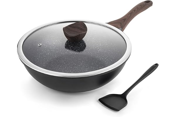 Kordisen Wok 30 cm, Induction Wok with Lid, Non-stick Stone Coating, Suitable for All Frying Pans, PFOA Free