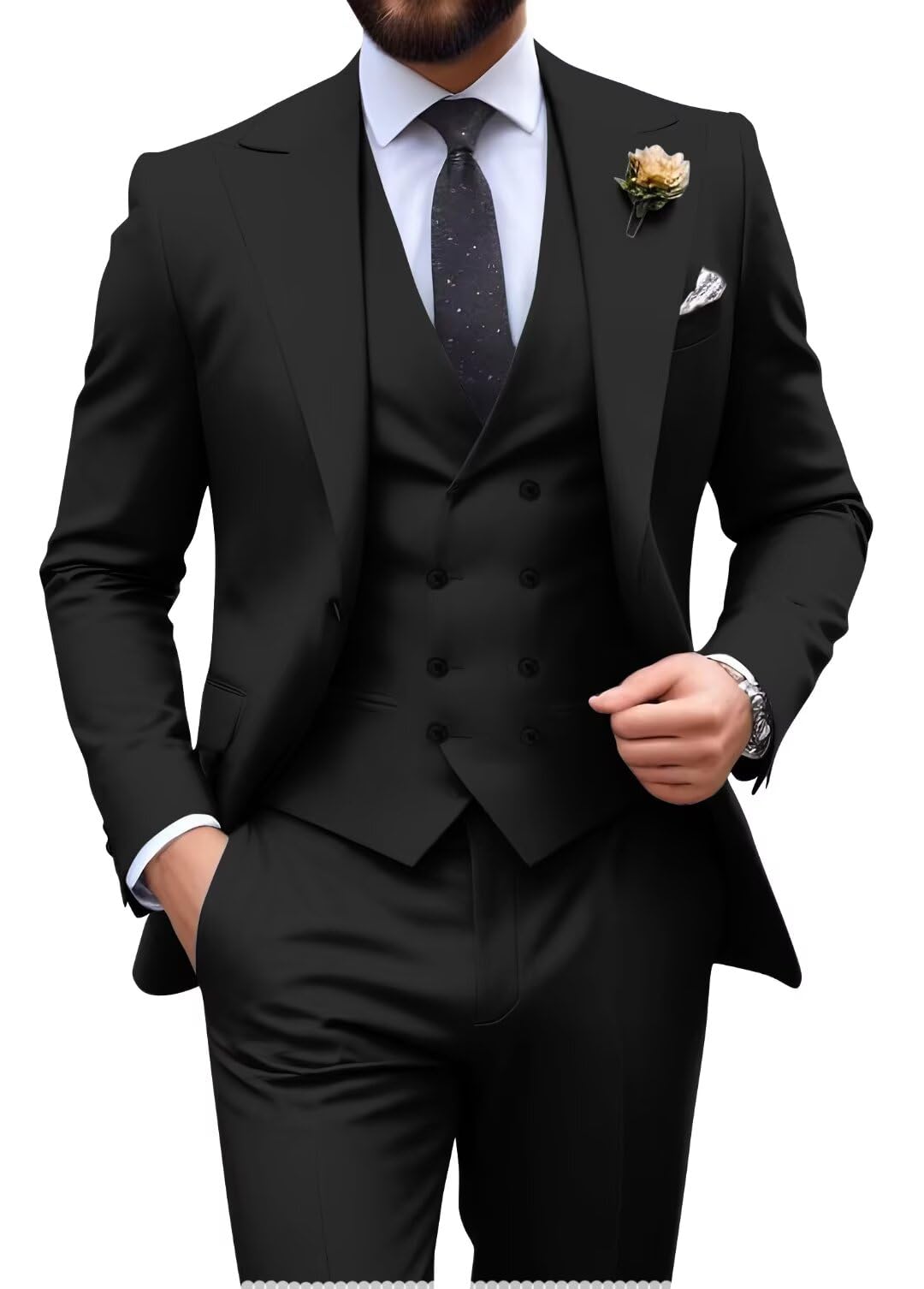Photo 1 of Mens Black Suit Slim Fit 3 Piece Double Breasted Suit Men Formal Wedding Groom Tuxedo Suit Blazer Vest Pants Set Medium