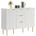 SICOTAS White Sideboard Cabinet with 3 Drawers, Glossy Fluted Buffet Storage Cabinet with Adjustable Shelves, Buffet Sideboard Credenza Accent Cabinet with Doors for Kitchen, Living Room (1 Piece)