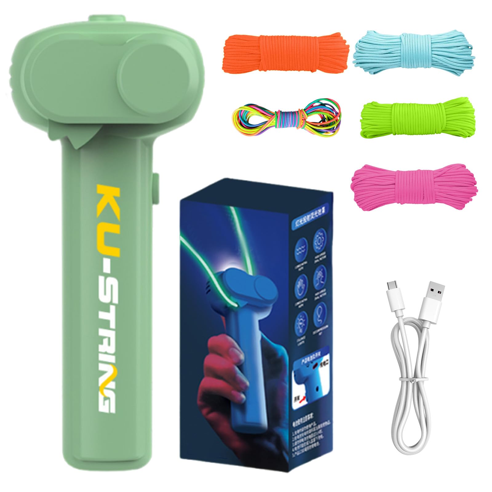 Electric String Rope Launcher Toy with 5 Fluorescent Ropes Fidget String Launcher Toys for Kids, Cool Lasso Loop Stuff for Boys, Cool String Launcher Toy, Glow In the Dark Rope Toy (Green)
