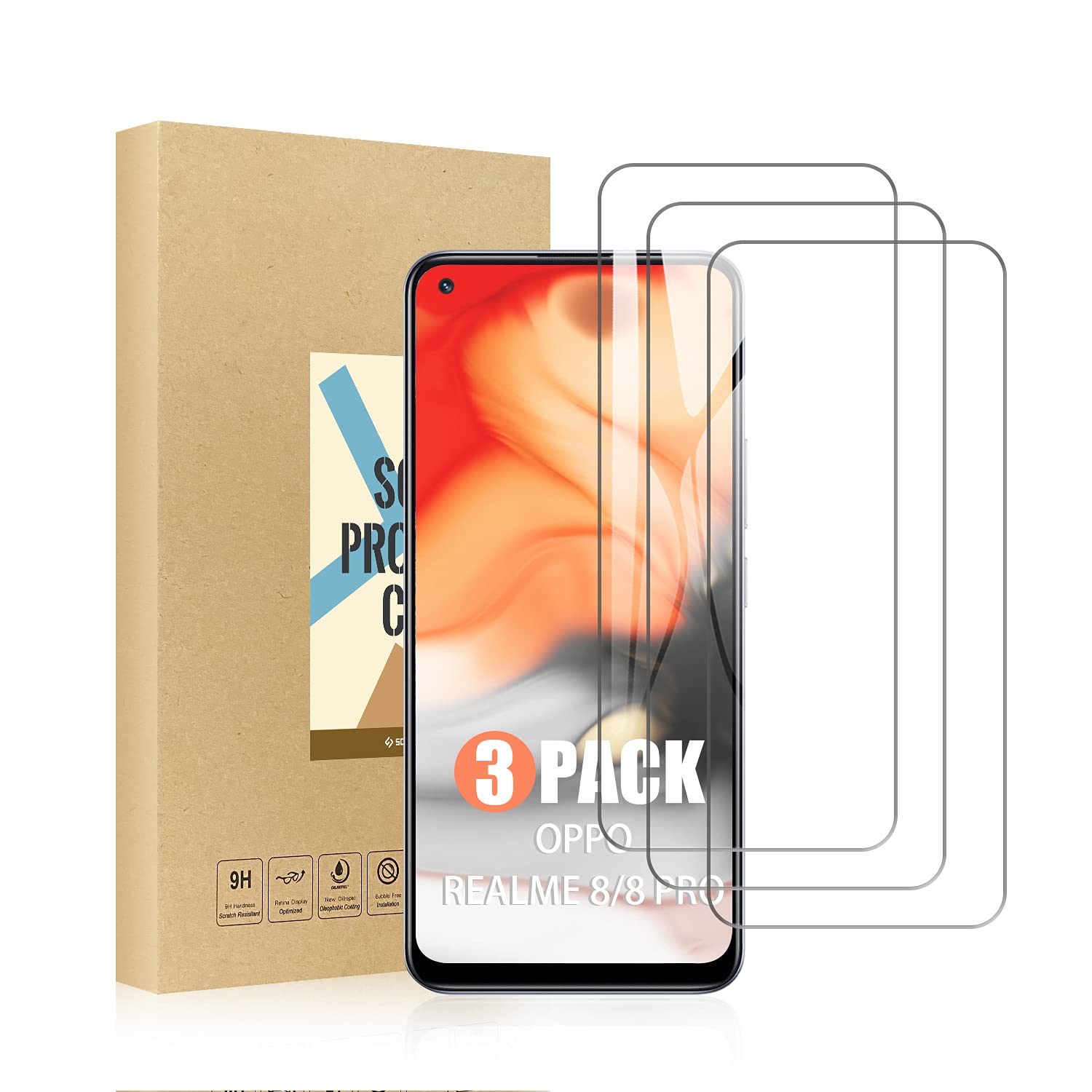 SCL Screen Protector Compatible with Realme 8/8 Pro Screen Protector for Realme 8/8 Pro Tempered Glass Film [3-Pack], [2.5D Rounded Edge Glass Film, Easy Installation, Bubble-free, 9H Hardness]
