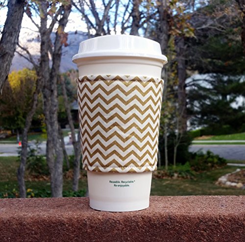 Amazon Com Fabric Coffee Cozy Cup Sleeve Coffee Sleeve Coffee Cup Holder Metallic Gold And Cream Chevron Handmade