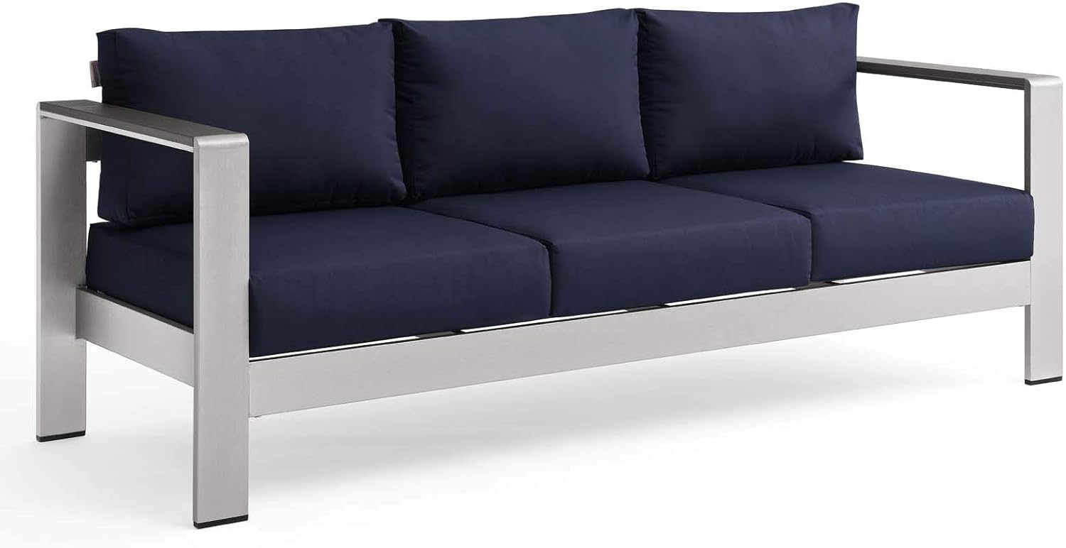 Modway Shore Aluminum Metal Outdoor Patio Sofa With Silver Navy All-Weather Cushions : Garden & Outdoor