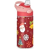 ALAZA Christmas Reindeer Santa Kids Water Bottles with Lids Straw Insulated Stainless Steel Water Bottles Double Walled Leakproof Tumbler Travel Cup for Girls Boys Toddlers 12 oz,Pink