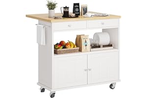 KNOWORLD Rolling Kitchen Island with Folding Drop Leaf Breakfast Bar, 35.4'' W Kitchen Cart with Storage Cabinet and 2 Drawers, Portable Mobile Kitchen Island Table with Towel Rack, Lockable Wheels, White