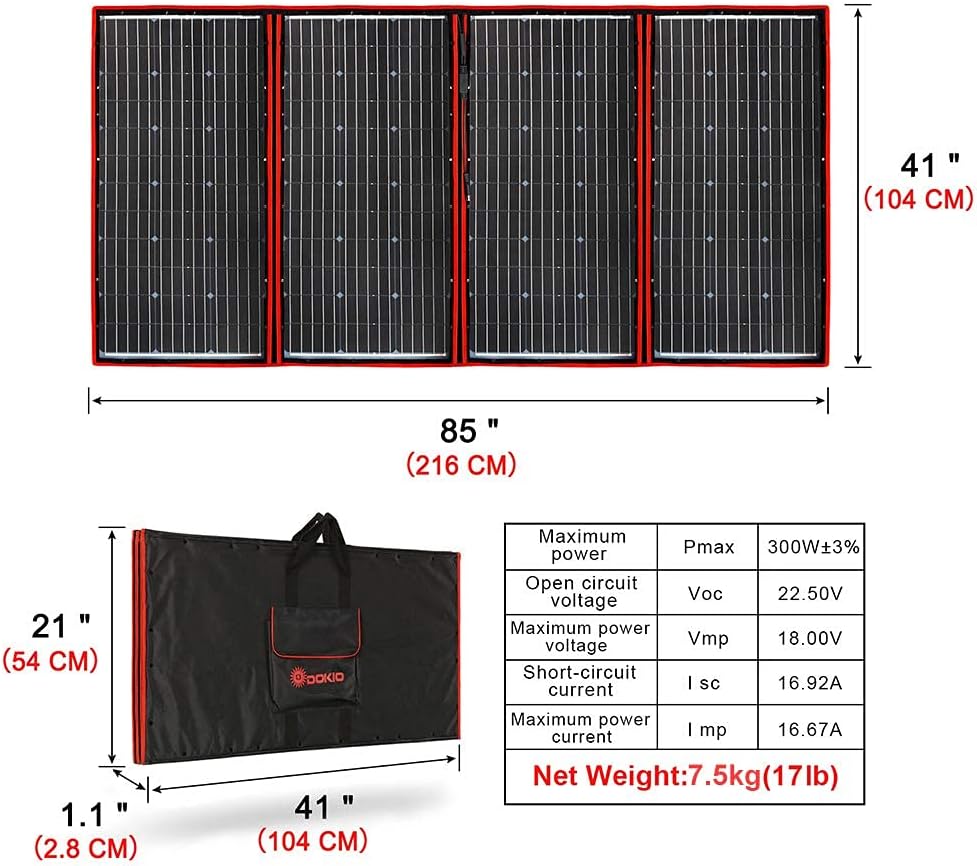 DOKIO 300w Portable Solar Panel Kit (41x21inch) Folding Flexible Monocrystalline(HIGH Efficiency) Include Charge Controller and Cable for 12v Battery Charging Car Battery AGM RV Camper Van