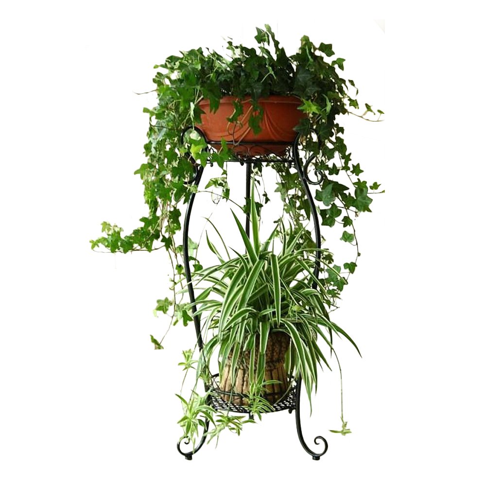 2 Tiered Plant Stand Outdoor Metal Scroll Decorative Plant Flower Pot Stand Display Rack Shelf Indoor for Living Room Garden (Black)