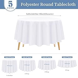 Pesonlook 5 Pack Round Tablecloth White Polyester