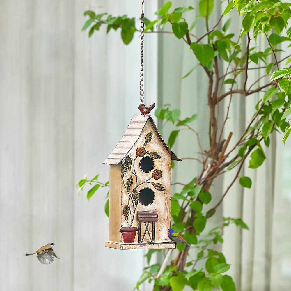 Brogan 15" H Distressed Metal Birdhouses for Outdoors Hanging, Bird House Decorative for Outside Garden Yard, Double Hole with Floral Accents : Garden & Outdoor