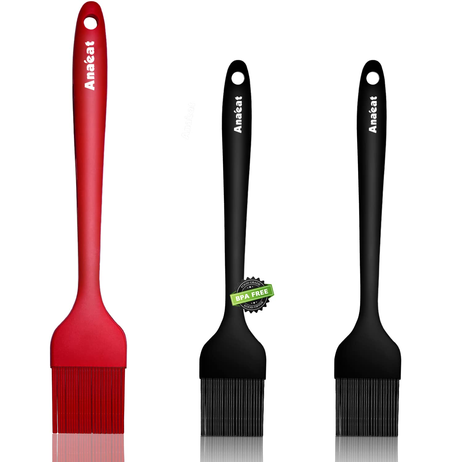 Anaeat High Heat Resistant Silicone Basting Pastry Brush Set of 3- Hygienic One-Pieces Design Spread Oil Butter for BBQ Grill Barbecue Baking Kitchen Cooking - BPA Free & Dishwasher Safe (Black & Red)