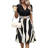 Women's Elegant Criss-Cross V Neck Vintage Short Sleeve Work Casual Fit and Flare Tea Dress with Pockets 980