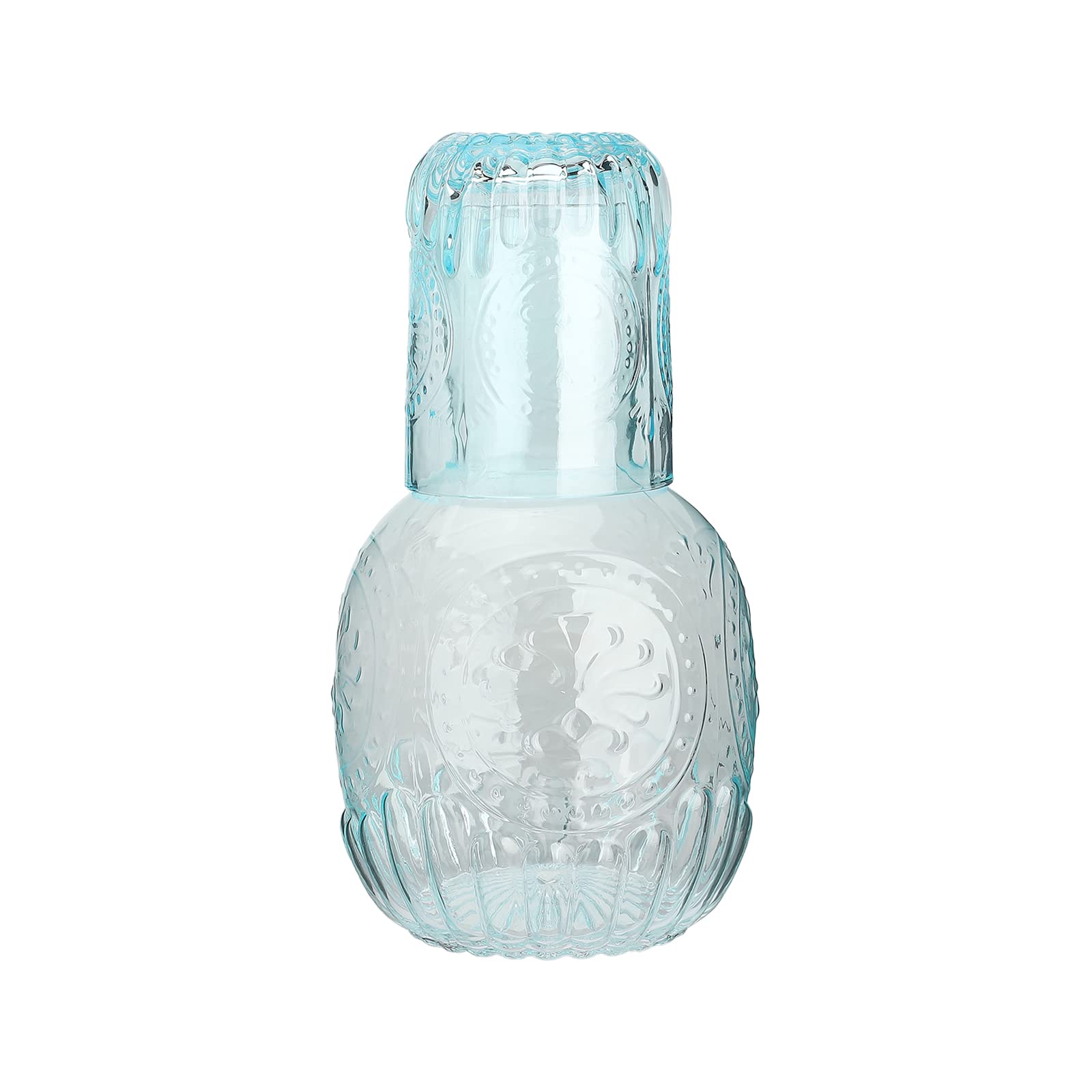 Crystal Bedside Night Carafe Pitcher and Tumbler Glass Set, Bedside Water Carafe and Glass Set, Night Water Carafe Glass Mouthwash Bottle for Bathroom Bedroom Kitchen(Blue)