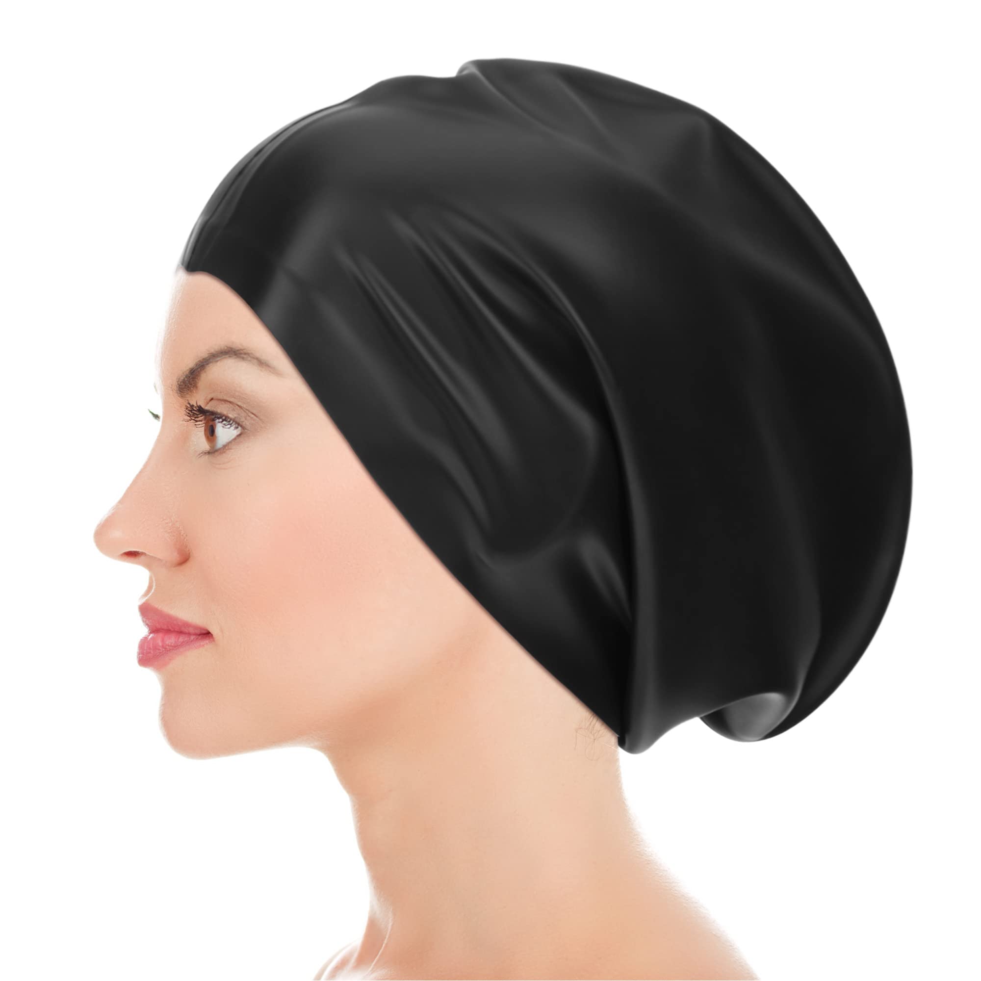 Swimming Cap for Long Hair Summer Swim Cap Black Adult Unisex Beach Swimming Hats for Women Men Ladies Dreadlocks Weaves Hair Extensions Braids Curls Afros Silicone Shower Cap(Large)