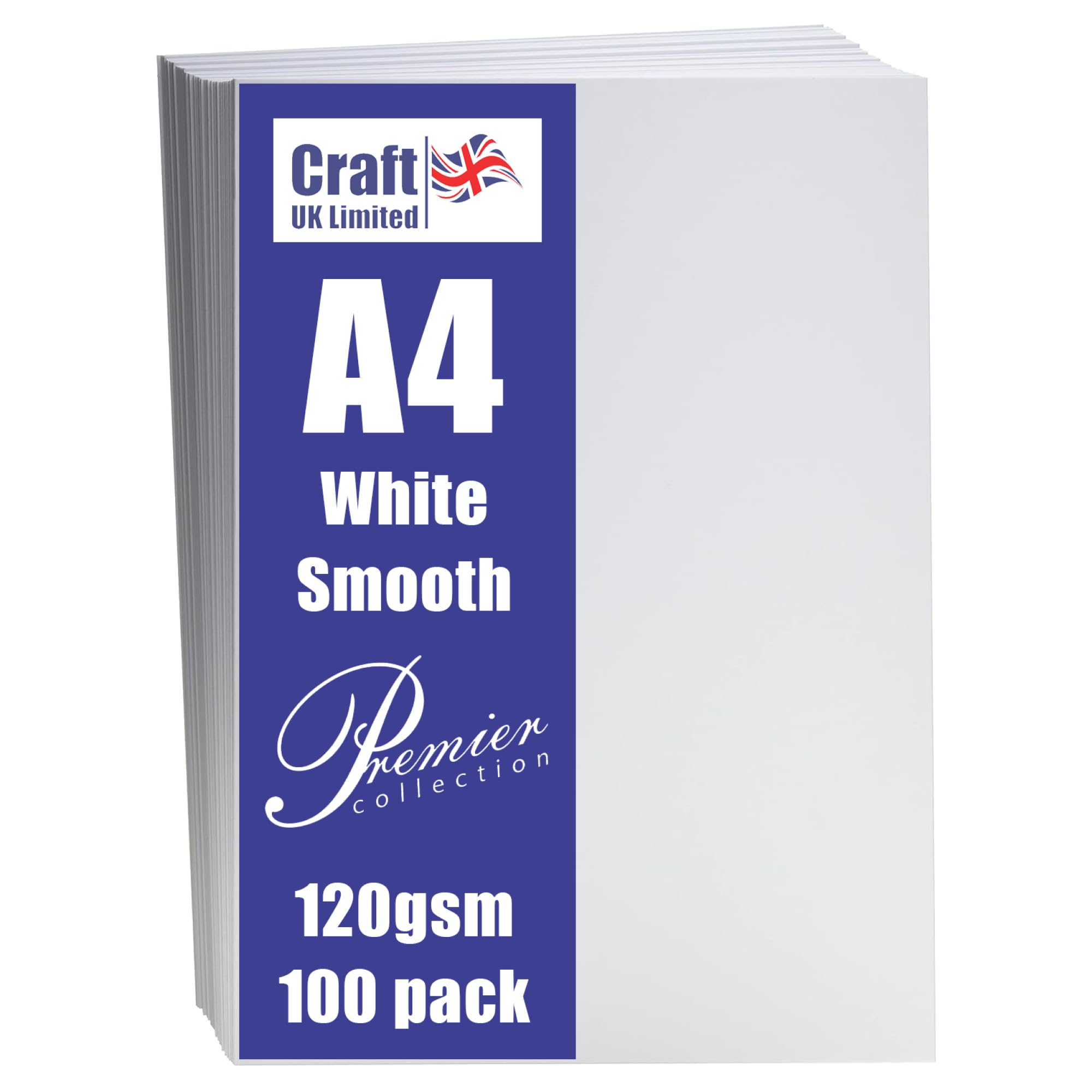 Craft UK, 100 A4 Card, Smooth Cardstock Paper for Invitations and More, 120gsm, Made in the UK, Lasting Quality, White