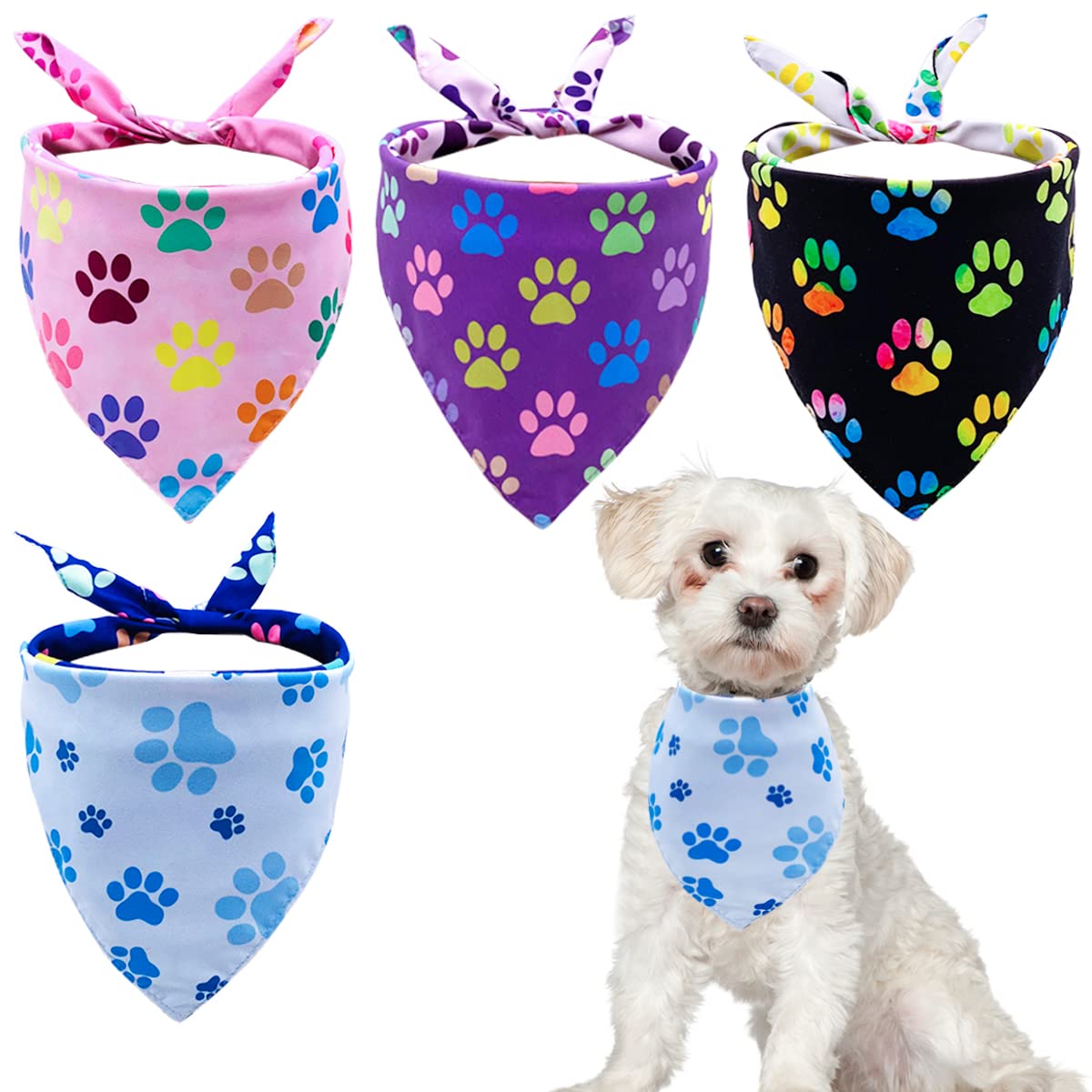 BIPY 4PCS Paw Pattern Dog Bandanas Pet Triangle Scarf Puppy Daily Soft Bibs for Small Medium Dogs Cats Rabbits Kittens Washable Adjustable Pet Neckerchief Festival Party Costume (65x45x45cm)