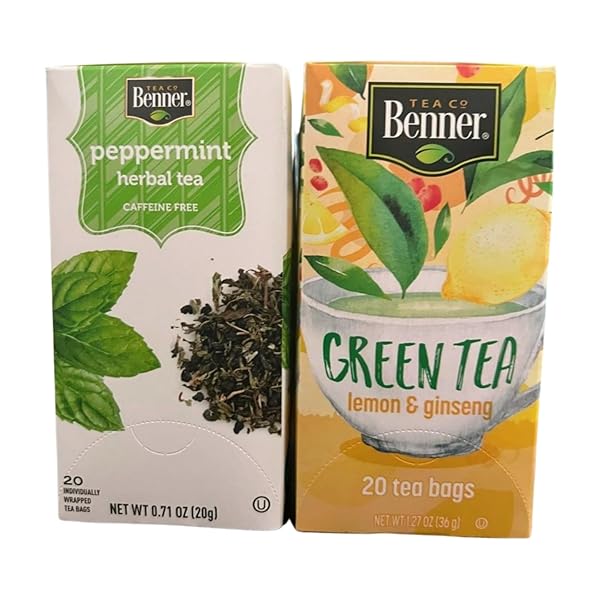 TEA CO BENNER PEPPERMINT AND GINSENG TEA BAGS VARIETY PACK, 40 COUNT, INDIVIDUALLY WRAPPED, 1.06 OZ