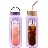 WINSA 32 oz Glass Water Bottle, 1 Liter Glass Tumbler with Straw, Reusable Drinking Bottles with 2 Lids-Handle Lid&Bamboo Straw Lid, Silicone Sleeve, for Sports, Home,1 Pack-Purple