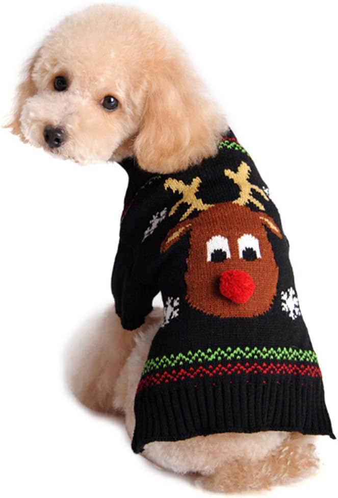 DELIFUR Red Nose Reindeer Sweater Pet Holiday Clothes Cat Sweater Dog Winter Clothing Teddy Autumn Winter Clothes Dog (Red Reindeer Nose