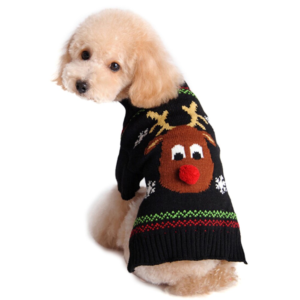 DELIFUR Red Nose Reindeer Sweater Pet Holiday Clothes Cat Dog Sweater Teddy Autumn Winter Clothing Dog Clothes (Red Reindeer Nose, 2XS)