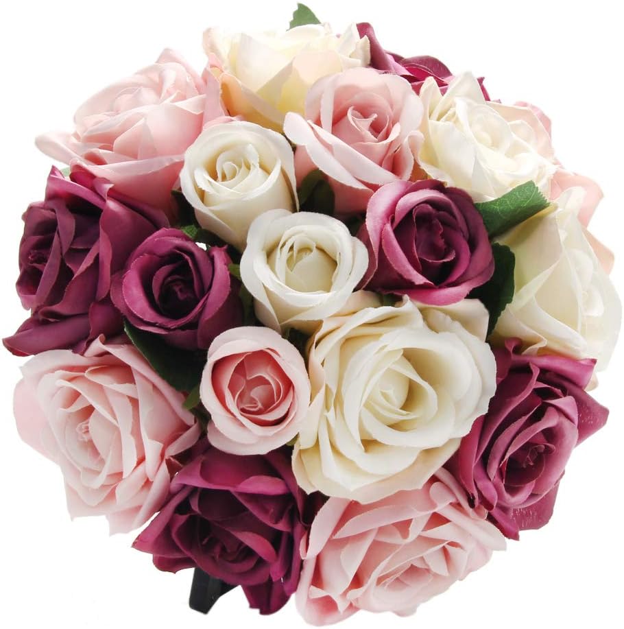 CQURE Artificial Flowers, Fake Flowers Silk Plastic Artificial Roses 9 Heads Bridal Wedding Bouquet for Home Garden Party Wedding Decoration (Mix Color x2)