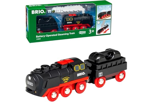 BRIO World Battery-Operated Steaming Train - 3-Piece Motorized Train Engine for Wooden Track with Lights and Kid-Friendly Ste