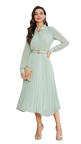 AbleTree Business Casual Shirt Dress for Women Long Sleeves Pleated Midi  Dresses with Belt Mint Green in Dubai - UAE | Whizz Dresses
